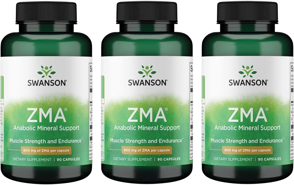 Swanson ZMA - Soutien à la récupération de l'énergie, du métabolisme et des muscles pour les hommes et les femmes - Support minéral anabolique pour les athlètes combinant le zinc et le magnésium avec la vitamine B6 - (90 capsules, 800mg chacune) 3 Pack