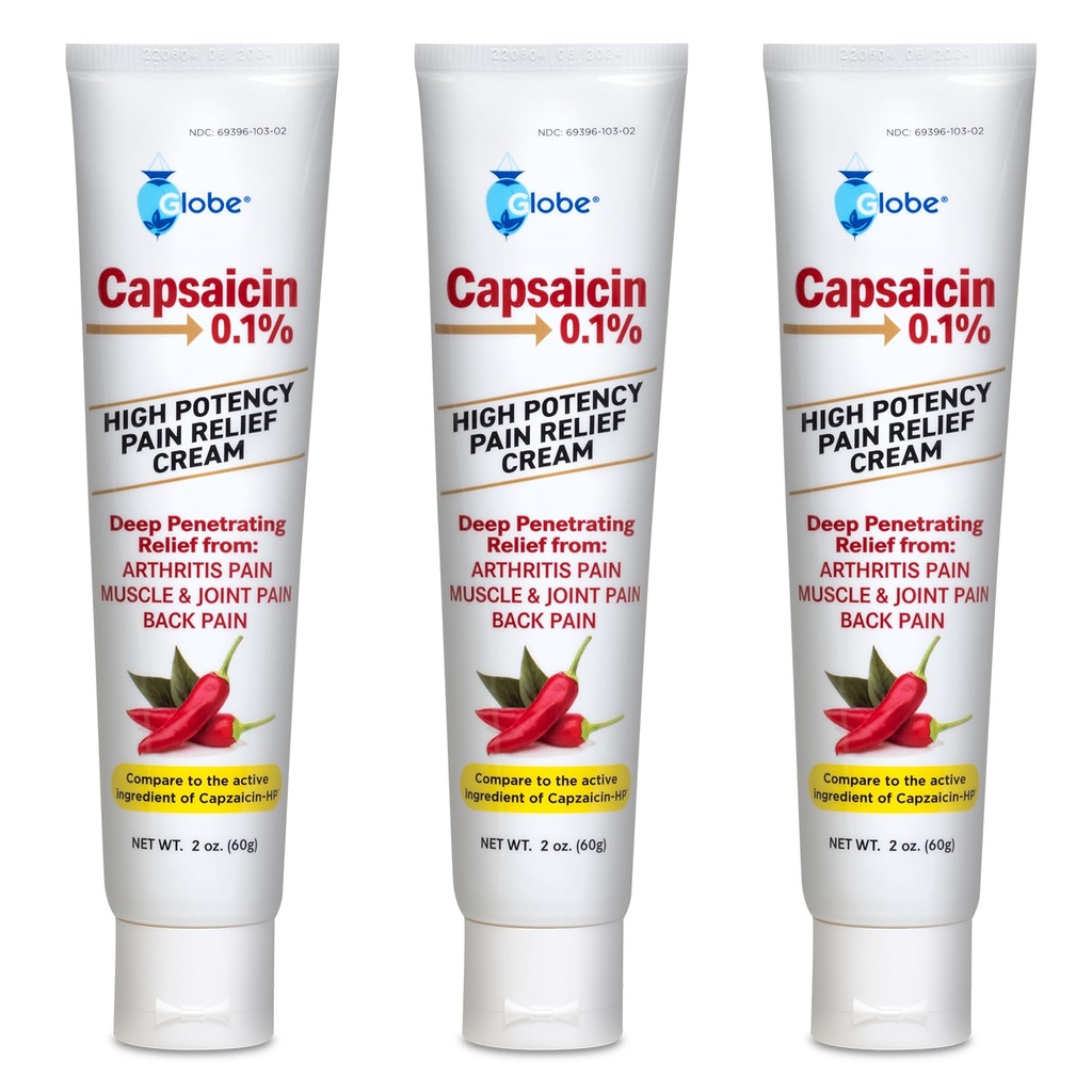 Globe (3 Pack) Crème de soulagement de la douleur de haute puissance à la capsaïcine 0,1 %, sans parfum (2 oz) Soulagement pénétrant profond de: Arthrite, Muscle, Douleurs articulaires et du dos