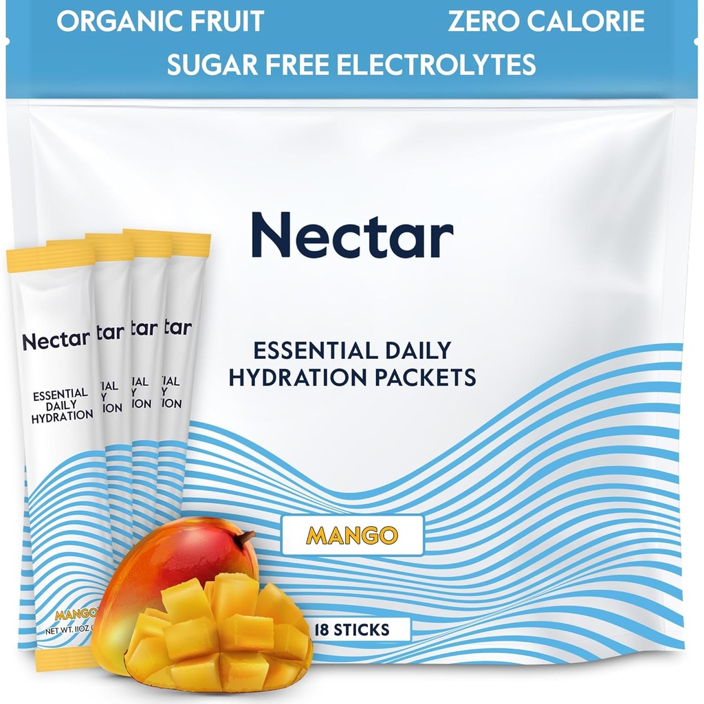 Paquets d'hydratation Nectar - Paquets de poudre d'électrolytes - Sans sucre & 0 Calorie - Bâtons d'hydrates liquides de fruits biologiques pour déshydratation et réhydratation rapide (Paquet Mango 18)