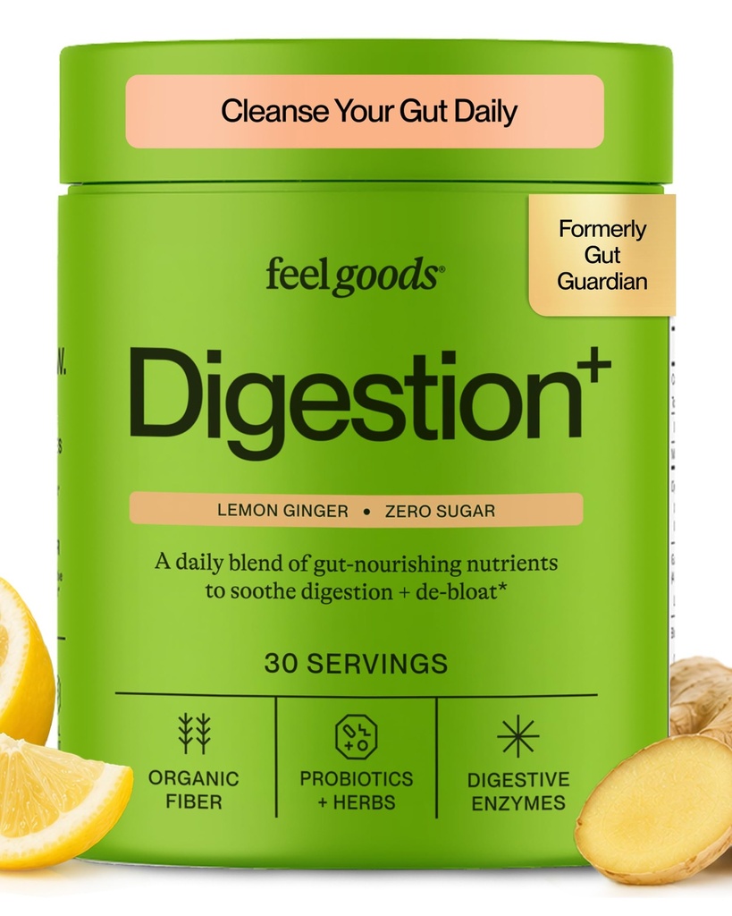 Feel Goods Gut Guardian, Organic Fiber, Probiotic & Prebiotic Powder, Sugar Free, Herbs for Bloat, Gut Health Support, Digestive Health for Men & Women, Non GMO, Vegan, Lemon Ginger, 30 Servers