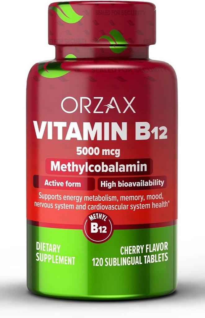 ORZAX Vitamine B12 5000 mcg méthylcobalamine pour la mémoire, l'humeur, la fonction des cellules sanguines, le supplément cardiovasculaire et énergétique - Aromatisé aux cerises - Vegan et non-OGM - 120 comprimés sublinguals - 120 jours d'approvisionnement