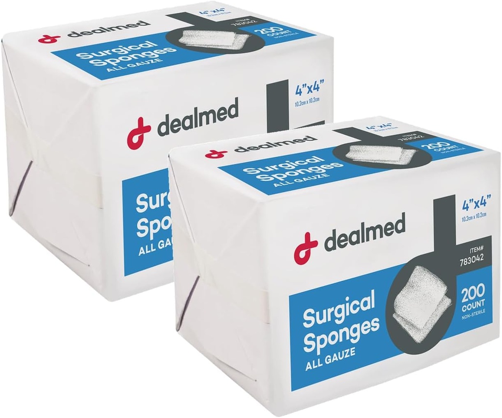 Dealed 4" x 4" Chirurgische Sponges, 8-Ply, Non-Woven Absorberende Gauze Sponges for Wound Care, EHBO Kits and Medical Facilities, 200 Count (Pack of 2)