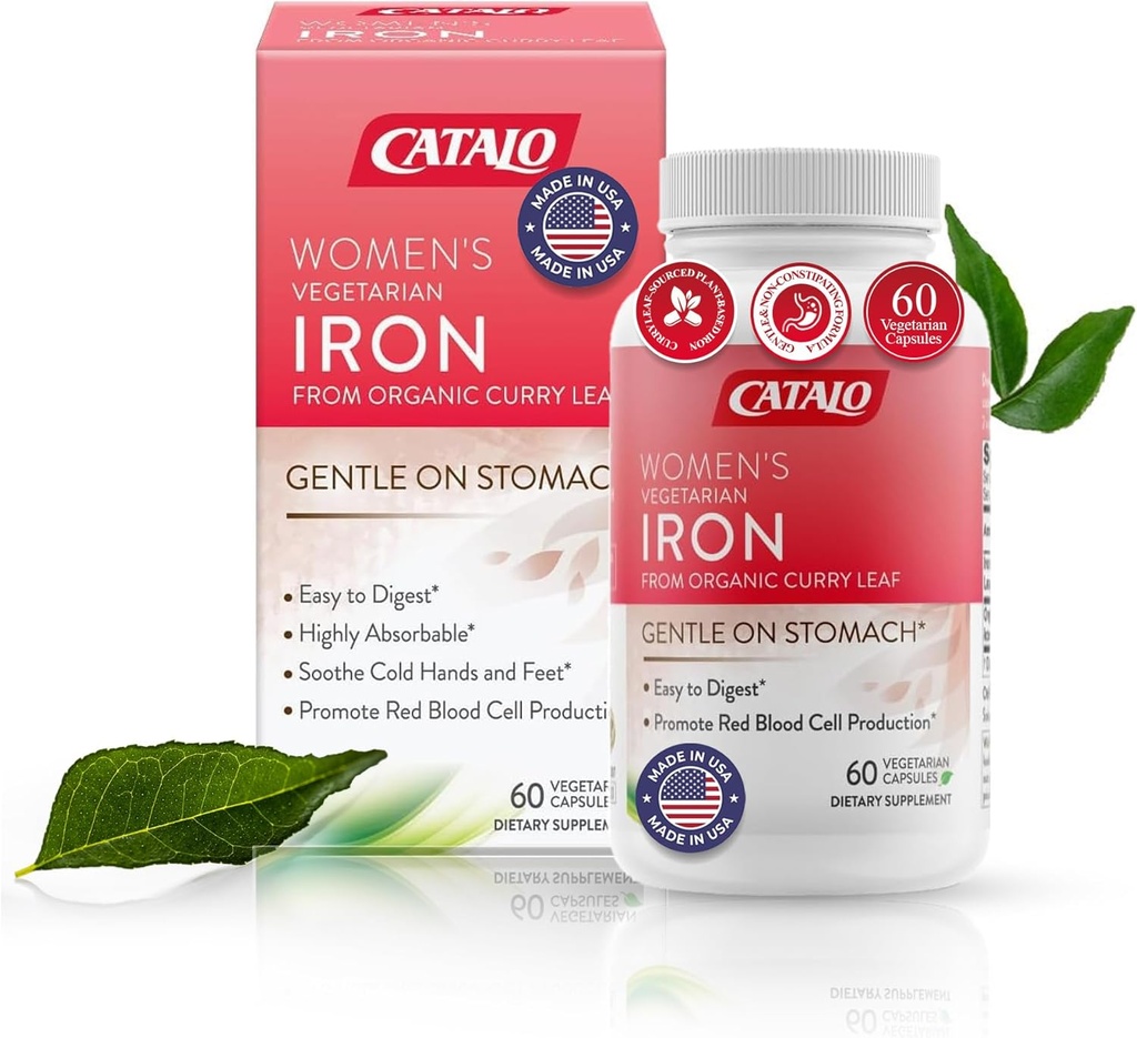 CATALO Iron Supplement for Women with Organic Curry Leaf - Voorzichtig, Hoge Absorptie, Vegetarisch-Vriendelijk, Maag-Easy Formula - 60 Tablets