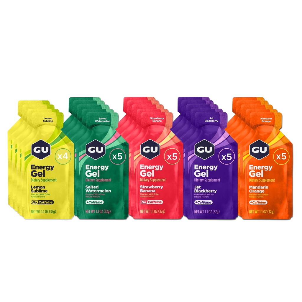 GU Energy Original Sports Nutrition Gel d'énergie, végétalien, sans gluten, sans casher et sans laiterie sur la route énergie pour toute séance d'entraînement, 24-Count, assorties saveurs fruitées