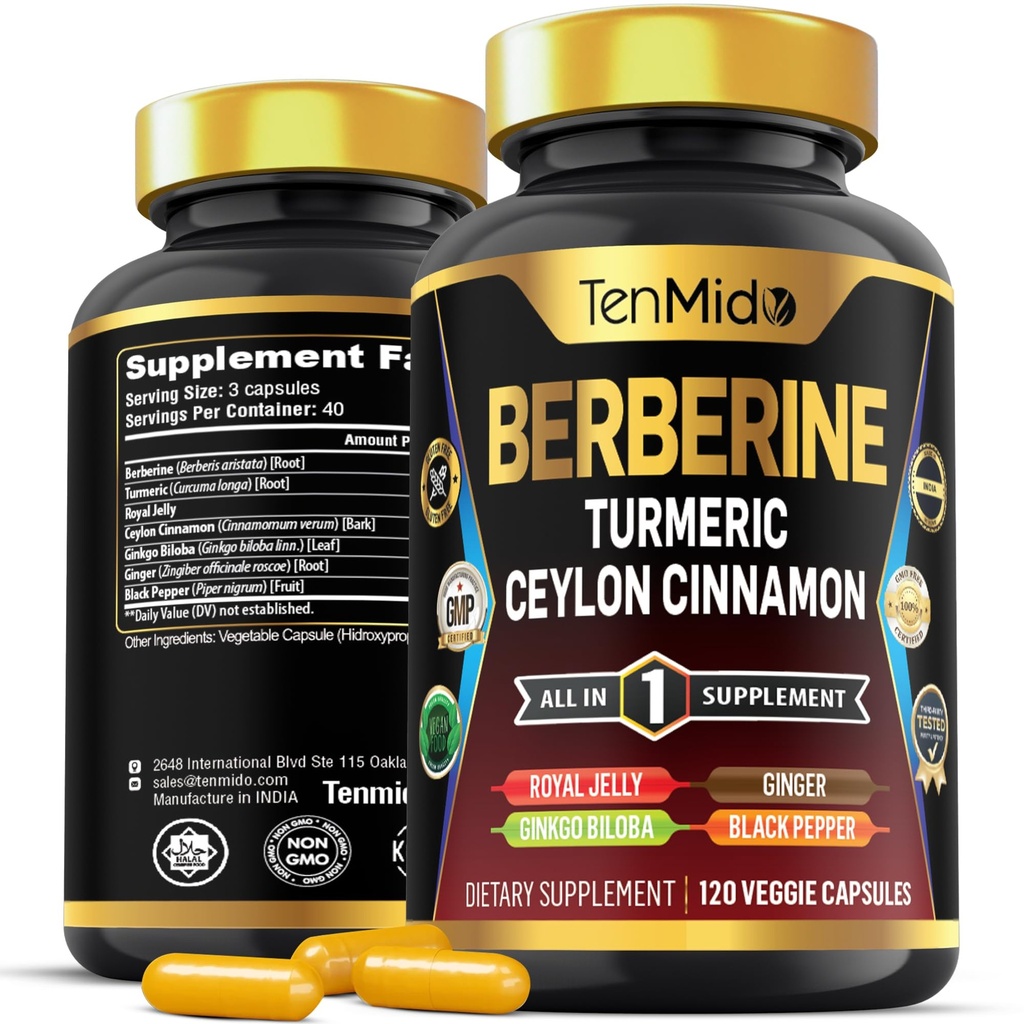 Berberine Supplement - 7in1 Formule - Combineer met Kurkuma, Royal Jelly, Ceylon Cinnamon, Ginkgo Biloba, Ginger & Black Pepper - Digestieve gezondheid, Immune Support - 120 Capsules