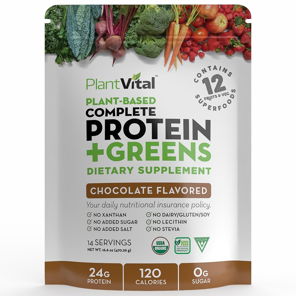 Plantvital Protéines Vegan Poudre à base de plantes, Protéines organiques en poudre Chocolat 24g/0g Sucre, 12 Superaliments, légumes, probiotiques, cacao brut, Kale, betteraves, Spiruline, pois, sans gluten, kéto-friendly, 16oz