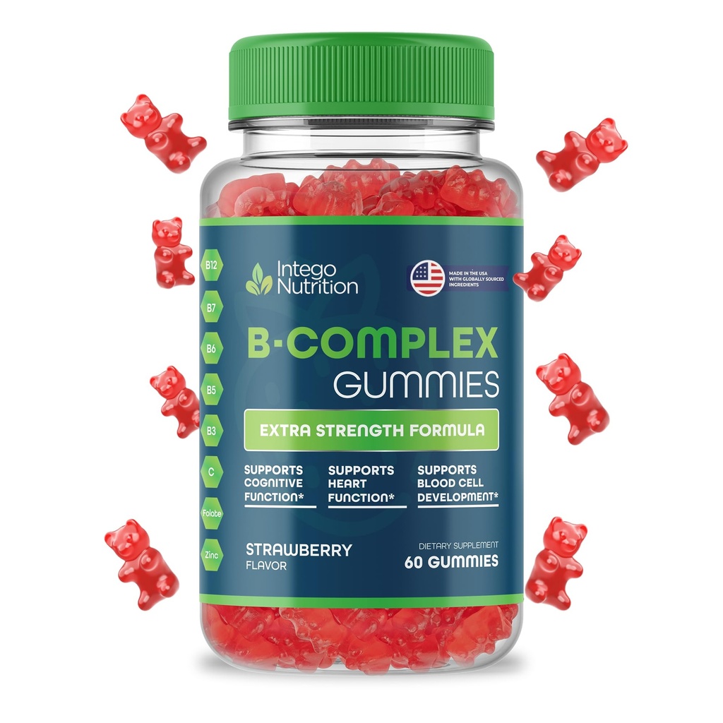 Vitamine B Complex Gummies voor volwassenen, B Complex Vitamine Supplement voor vrouwen en mannen, B Vitaminen Complex Gummies voor energie en hersenen Gezondheid, natuurlijke aardbeien smaak, 60 Tellen