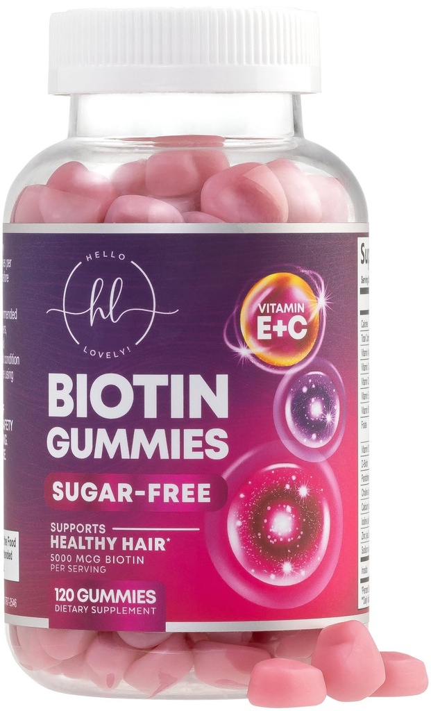 Vitamines capillaires Gummy avec Biotin 5000 mcg - Soutien de la croissance des cheveux avec Vitamines E & C pour les cheveux épais, plus forts et beaux - Peau de cheveux et ongles Vitamine pour les femmes, non-OGM, sans gluten - 120 Gummies