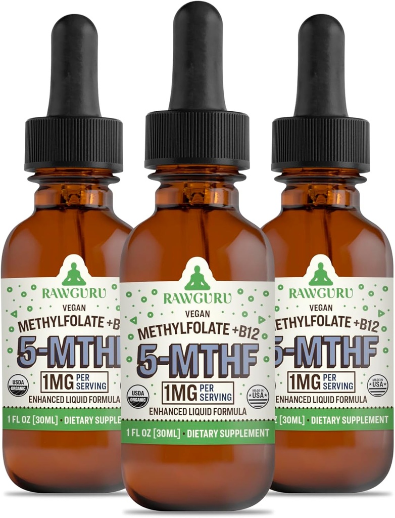 RawGuru Méthylfolate 1mg+ Vitamine B12 - Organic Vegan Méthylated B12 with Trace Minerals - Nano-processé et formule liquide améliorée - 300 portions de gouttes végétaliennes par 30 ml, boîte de 3