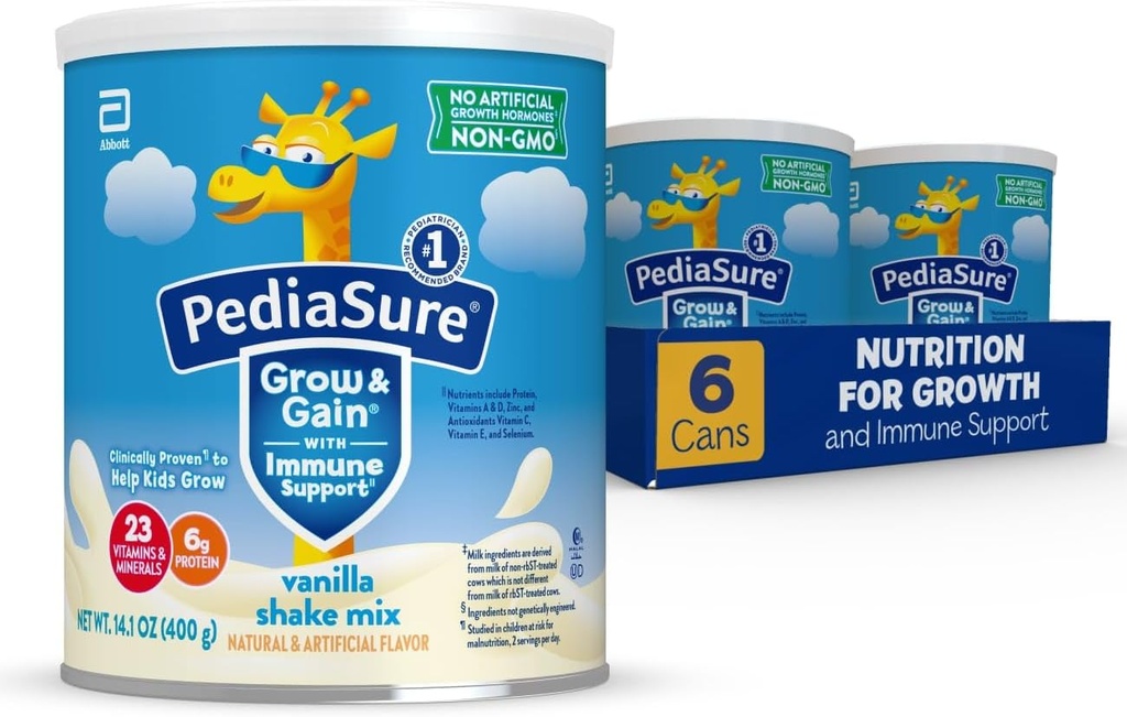 PediaSure Grow & Gain with Immune Support Shake Mix Powder, 23 Vitaminen & Minerals, 6g Protein, Non-GMO, Gluten-Free, Kids Nutrition, Vanille, 14.1 oz Can, Pack of 6-48 serves