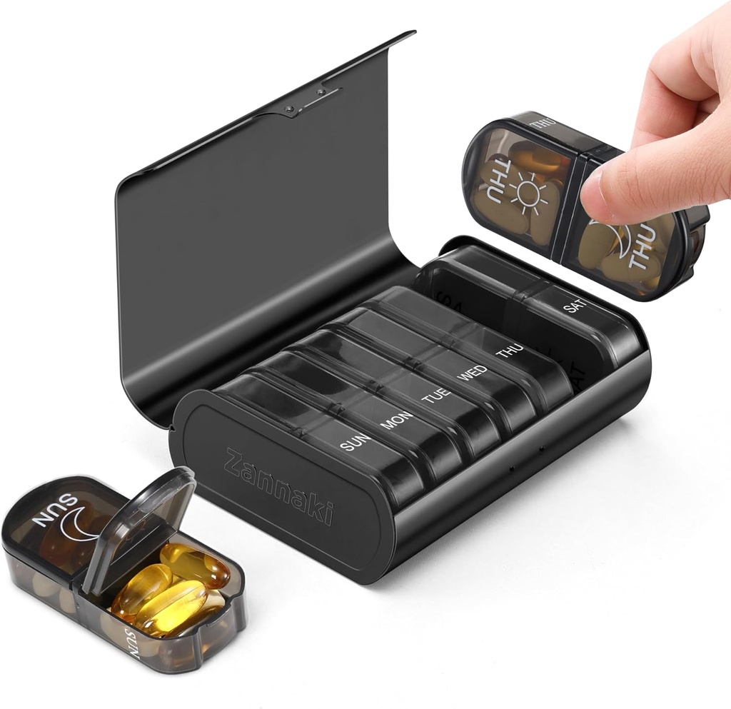 Zannaki Metal XL Weekly Pill Organizer 2 Times a Day, Large Travel Daily Pill Box 7 Day, Portable Week Twice Pill Holder Container, AM PM Pill Case for Medicine Vitamin Medication Supplement, Black