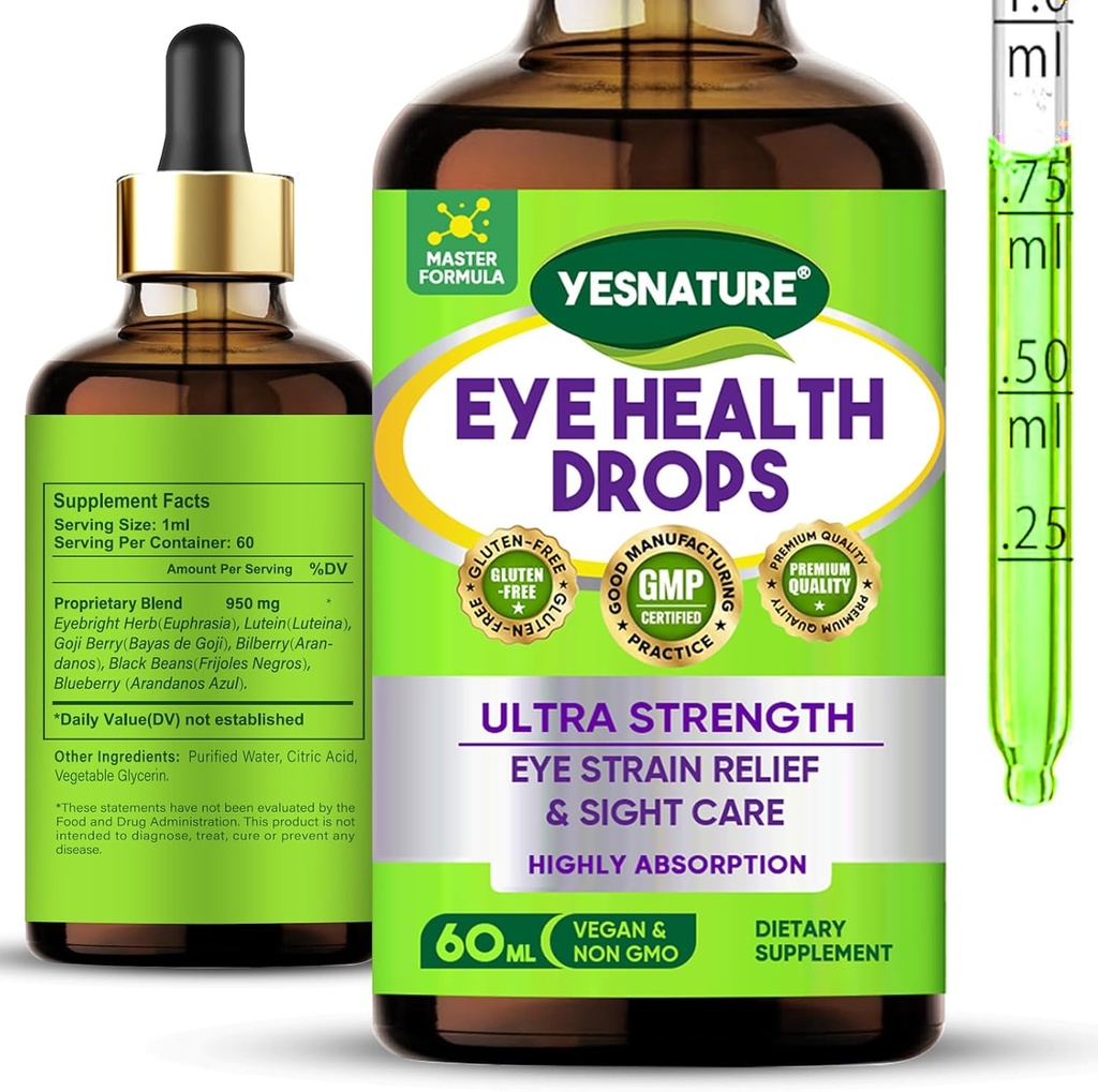 YESNATUUR Eyebright Herb Eye Health Drops voor Eye Strain Relief & Sight Care, Ultra Strength Eye Health Supplement