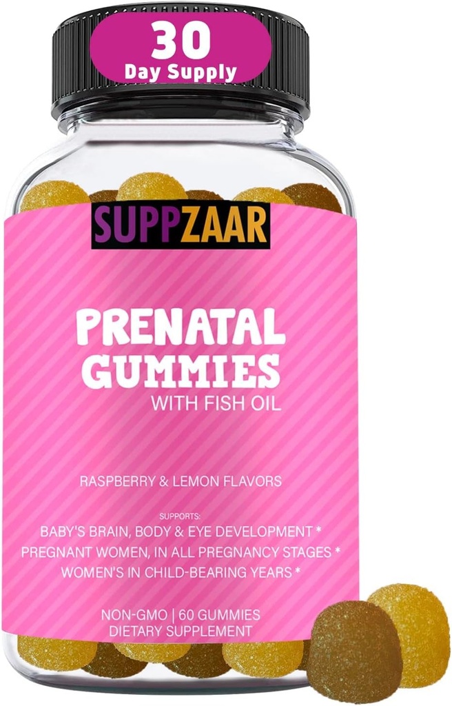 Gommies de vitamines prénatales avec DHA, acide folique, huile de poisson, iode, biotine et vitamine A C D E B6 B12 - De délicieuses vitamines prénatales pour soutenir la santé et le bien-être des femmes - 60 Gommies
