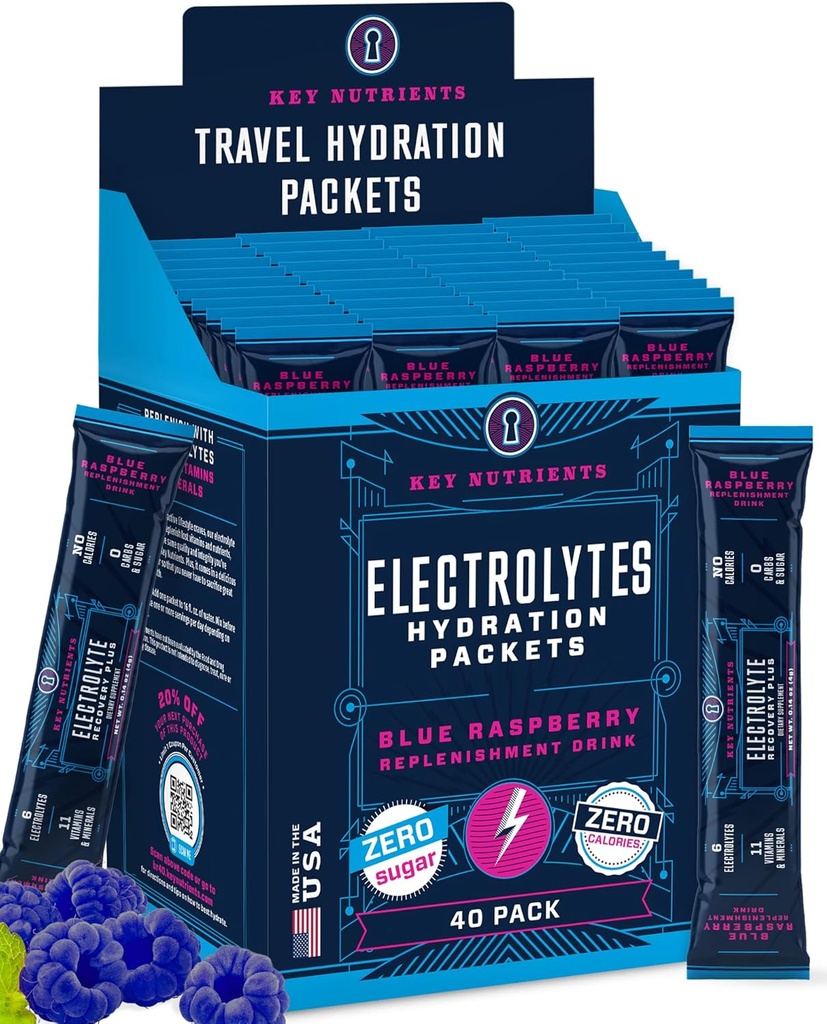 KEY NUTRIËNTEN Electrolytes Powder Packets - Delicious Blue Raspberry 40 Pack Hydration Packets - Travel Hydration Powder - No Sugar, No Calories, Gluten Free - Made in USA