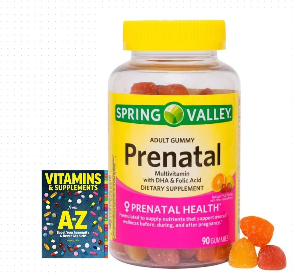Spring Valley Adult Gummy Prenatale Multivitamine met DHA & Foliumzuur, natuurlijke fruitsmaken, 90 Gummies+ Betere gids vitamines supplementen