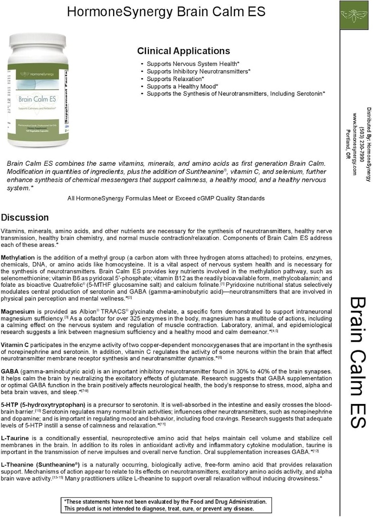 HormoneSynergy RetzlerRx® Brain Calm ES - Ultimate Support for Calmness & Relaxation - L-Theanine (Sunthenine®) - TRAACS® Albion® chelated minerals - GABA - 5-HTP - L-Taurine - 120 V-Caps