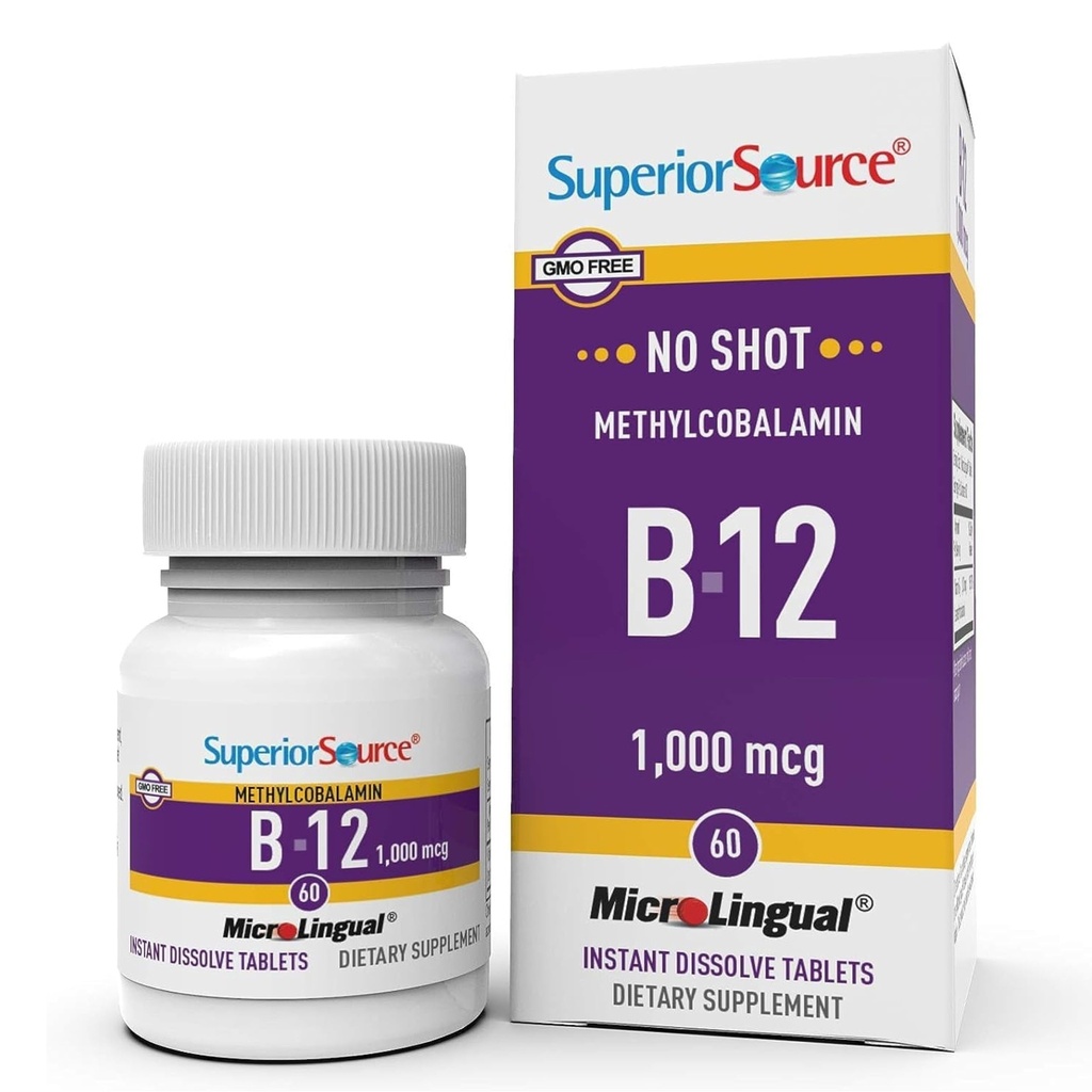 Source supérieure Pas de shot méthylcobalamine B-12 1 000 mcg - Vitamine B-12 pour soutenir la production d'énergie, la santé cérébrale et le mieux-être global - Comprimés sublinguals pour l'absorption rapide - 60 Comprimés de dissolution
