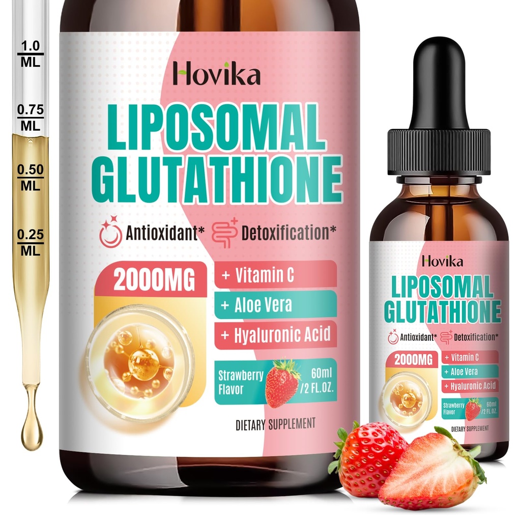 Supplément de glutathion liposomique 2000mg, gouttes de glutathion liquide avec vitamine C, maîtres antioxydants pour le système immunitaire, la défense du vieillissement, la santé de la peau, l'absorption de la détox-superior du foie, fraise 2 Fl Oz