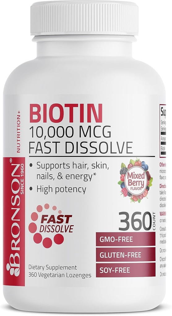 Bronson Biotin 10 000 MCG Lozenges Dissoudre rapidement haute puissance soutient cheveux, peau et ongles mélange saveur de baie - non-OGM, 360 légumes végétariens