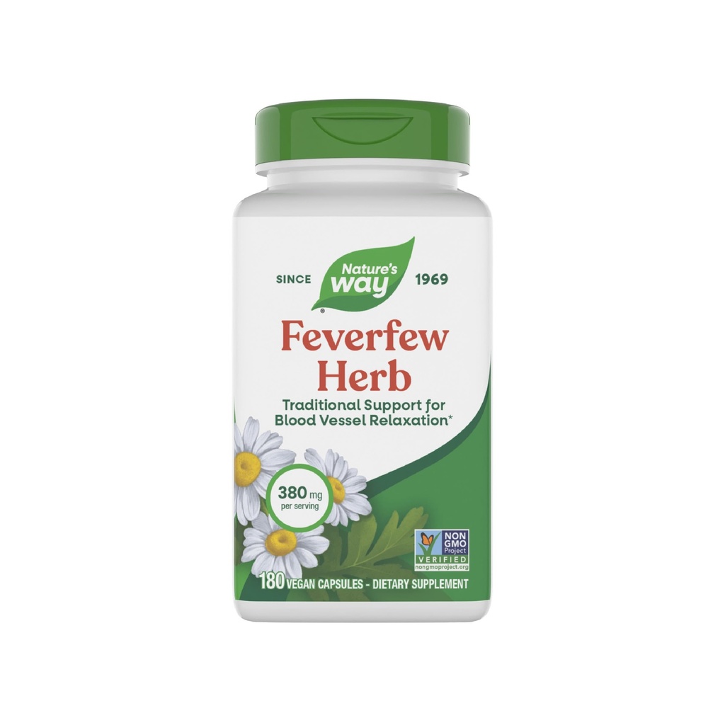 Nature's Way Feverfew Herb, soutien traditionnel pour la relaxation des vaisseaux sanguins*, 380 mg par portion, projet non-OGM vérifié, 180 capsules de feverfew végétalien (paquetage May Vary)