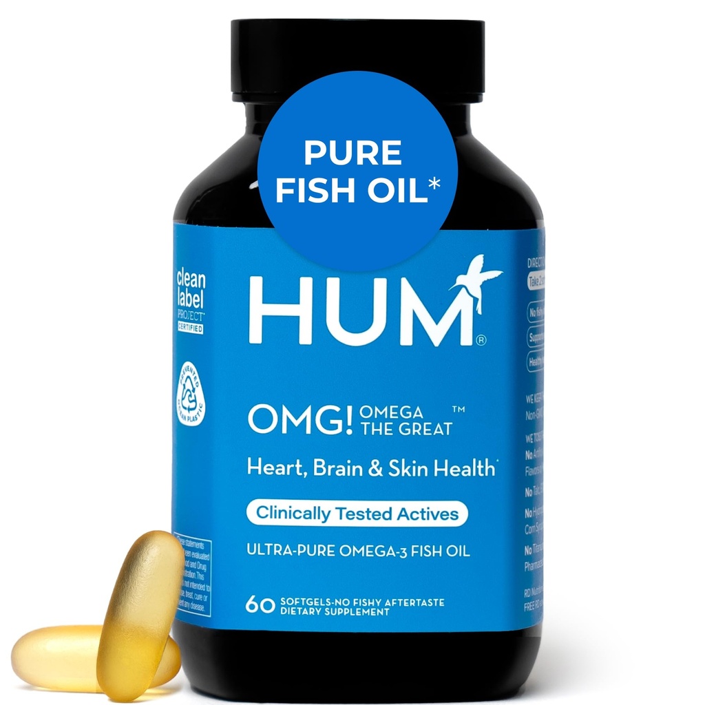 Hum OMG! Omega The Great Triple Omega 3 Fish Oil Supplement for Women & Men with Vitamin E, DHA & EPA, Skin Care & Skin Tone Support for Heart & Brain Health, Gluten Free, Non GMO, 60 Softgels