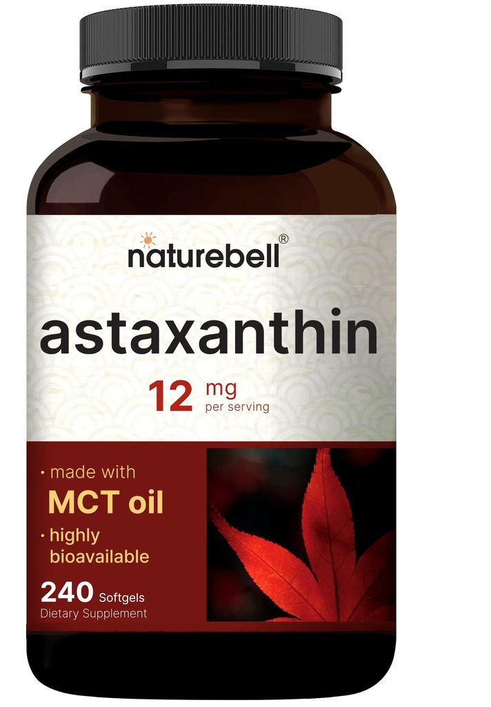 NatureBell Maximale sterkte Astaxanthine 12mg, 240 Softgels - 4 maanden voorraad - Natuurlijke Antioxidant van Haematococcus Pluvialis Microalgen, Glutenvrij
