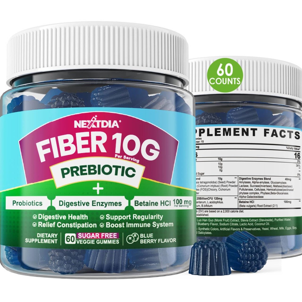 Fiber Gummies for Adults, Sugar Free 10g Prebiotic Fiber Supplement with Digestive Enzymes, Probiotics & 100mg Betaine for Discompatitive & Gut Health and Regulate Bowel Movement, Vegan, Gelatine Free, 60ct