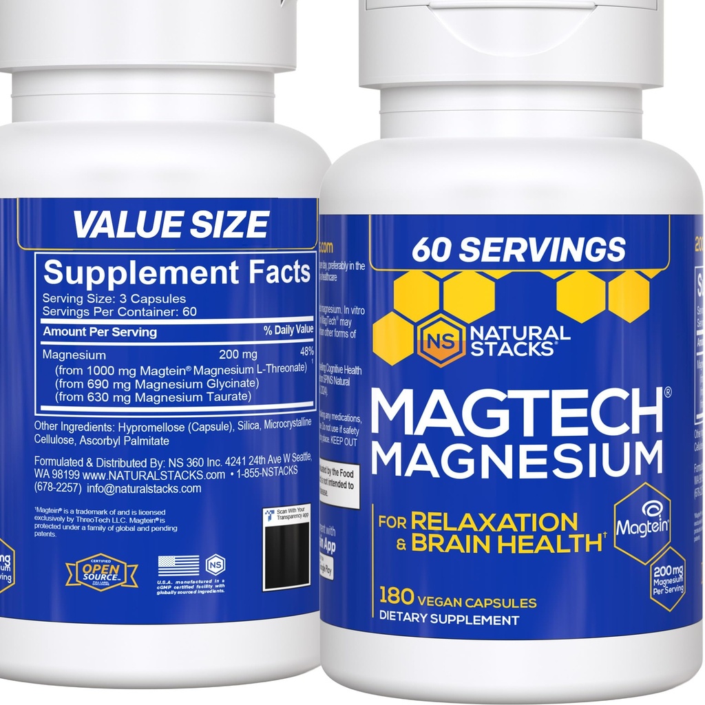 MagTech Supplément de magnésium - 3 formes de magnésium: Magtéin L-Thréonate, Glycinat et Taurat - 200mg Complexe de magnésium chélaté - Soutient la relaxation et la santé du cerveau - 180 capsules