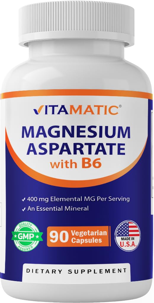 Vitamatic Magnesium aspartaat 400mg per portie - 90 Vegetarische capsules - Toegevoegd B6 voor maximale absorptie - Ondersteunt spier-, gewrichts- en hartgezondheid*