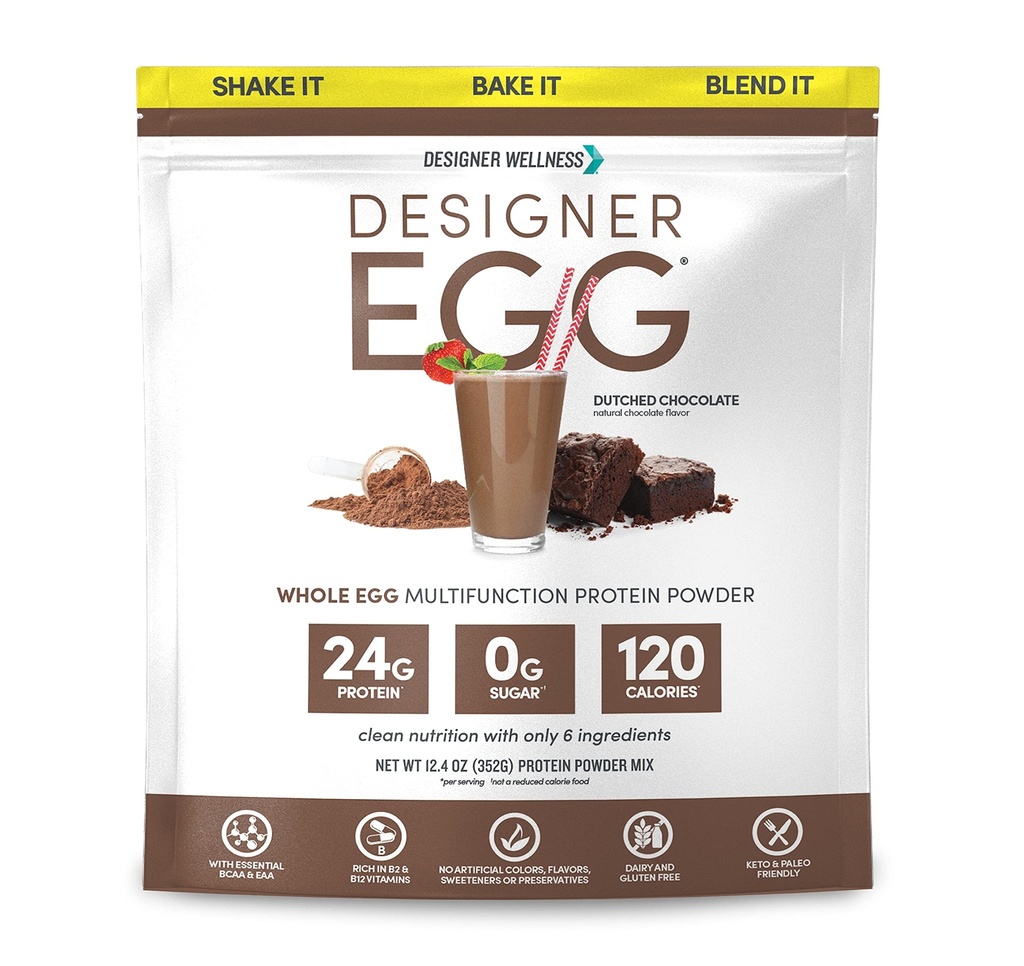 Designer Wellness, Designer Egg, Natural Egg Yolk & White Protein Powder, Keto and Paleo Friendly, Low Calorie, Less Fat and Cholesterol, Dutch Chocolate, 12,4 Ounce