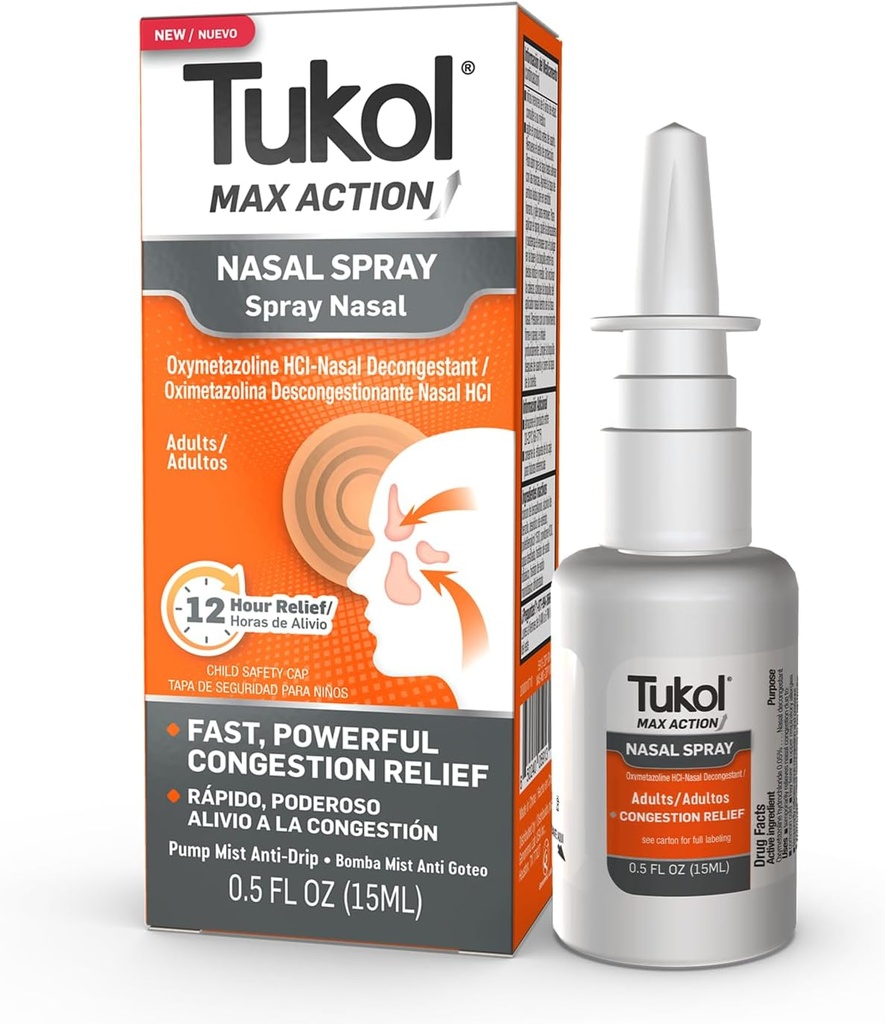 TUKOL Max Action Nasal Spray, Oxymetazoline Neus Decongestant Spray voor volwassenen, Fast Stuffy Nose & Sinus Congestie Relief, 12-Hour Neus Spray Decongestant, 0,5 fl oz