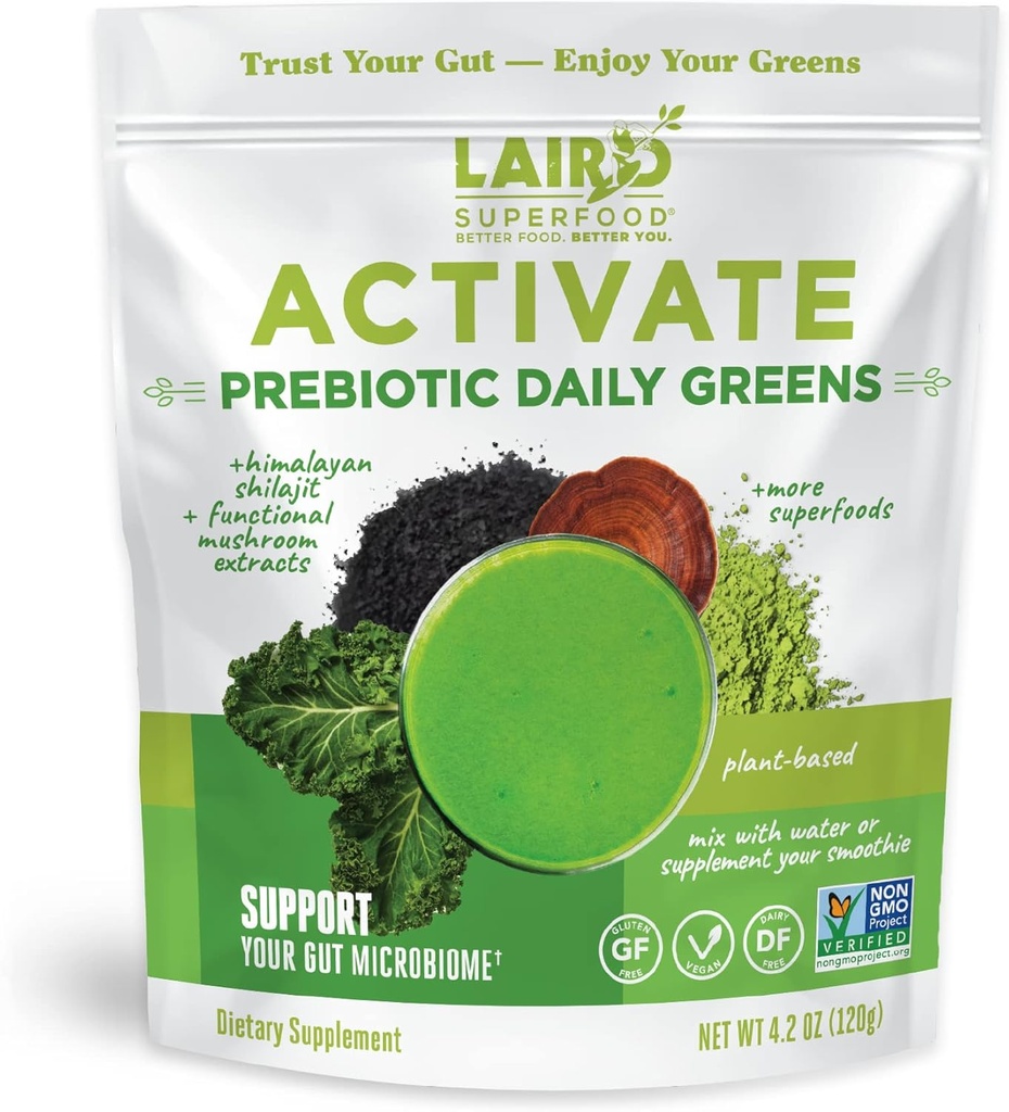Laird Superfood Activeer Prebiotic Daily Greens Powder Drink Supplement, Himalaya Shilajit Poeder en Functionele Paddenstoelen, Ondersteunt Gut Microbiome, 4.2 Oz Bag, Verpakking van 1