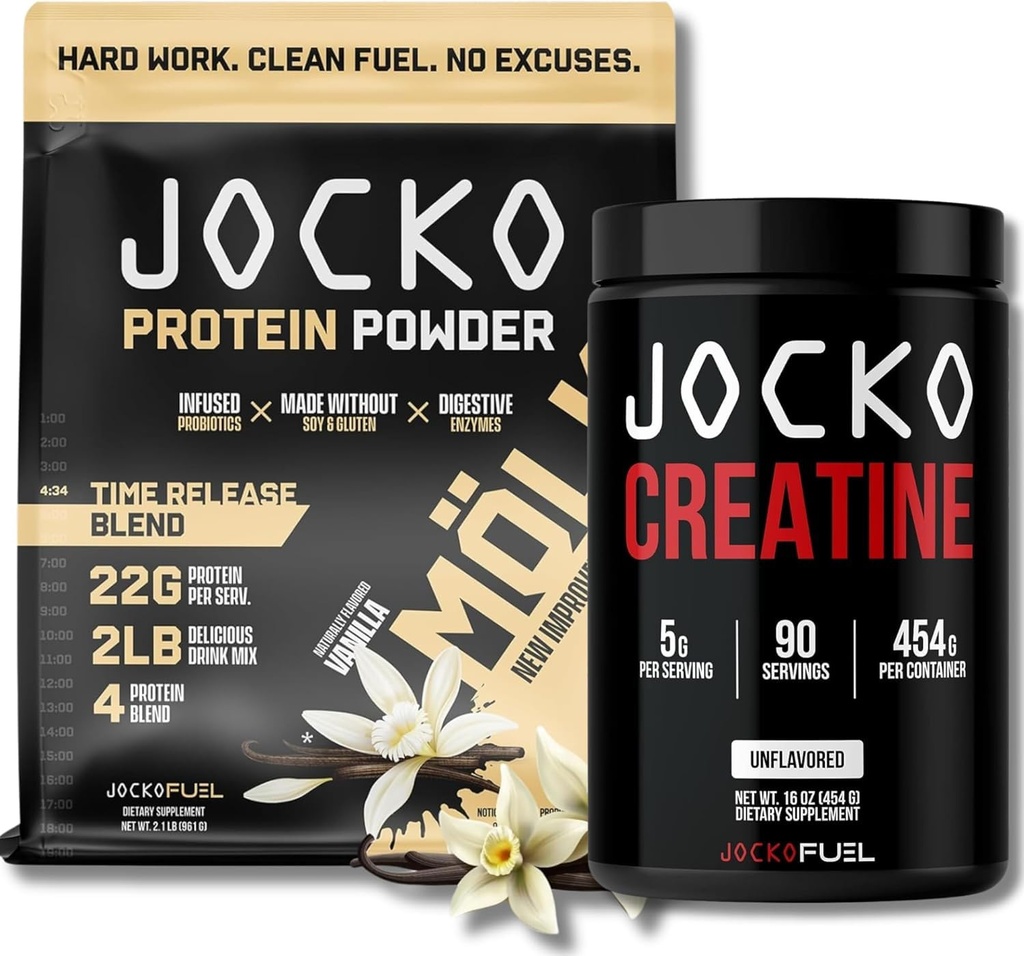 Jocko Fuel Bundle - Vanille Mölk Proteïne Poeder + Creatine Monohydraat Poeder voor mannen & vrouwen - Bundle for Atheltic Performance, Recovery, & Spiergroei
