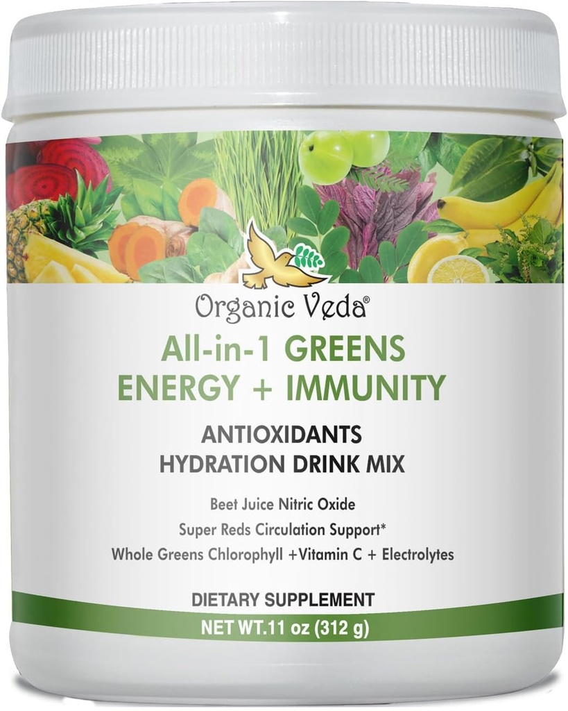 Bio Veda Super Greens boisson d'hydratation antioxydante mélange poudre avec électrolytes pour l'énergie, l'immunité - quotidien bio superaliments Chlorophylle, betterave, Moringa, Chlorella, Spiruline, Turmeric - 11 oz