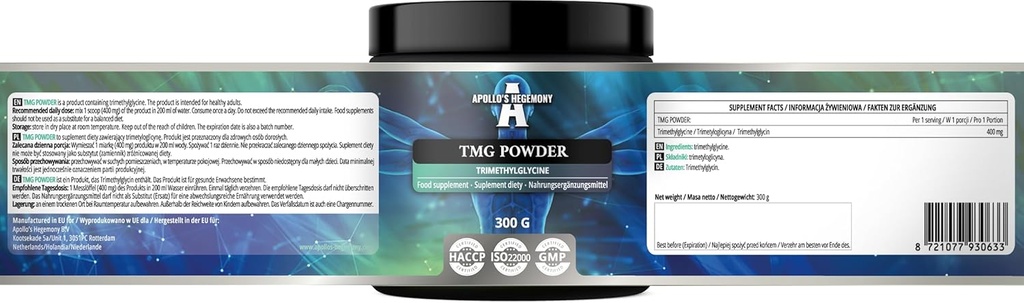 APOLLO'S HEGEMONY TMG Powder 300g - Betaine - 2000mg trimethylglycine per portie - 150 porties per verpakking - Geen additieven - Branched Chain Aminozuren - Metabole Ondersteuning