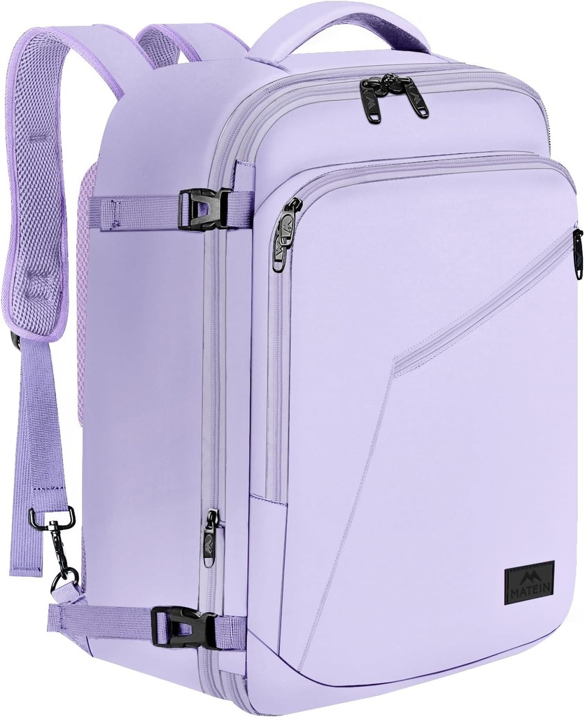 Matein Carry on Backpack for Women, 40L Heavy Duty Travel Backpack Airplane goedgekeurd, Uitbreidbaar Simple Fashion Daypack, Frequent Traveler Gifts, Licht Paars