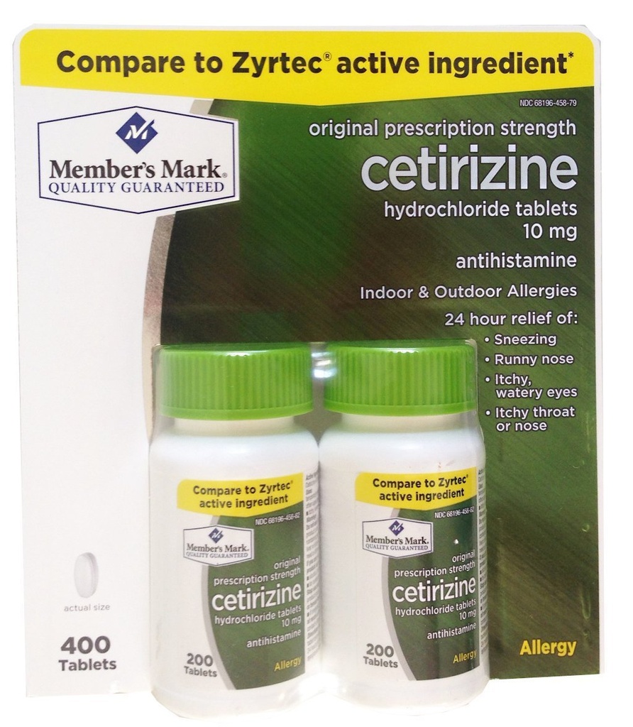 Mark van het lid Vroeger bekend als gewoon rechts Cetirizine Hydrochloroide Allergie tabletten,10 mg-400 Tel.
