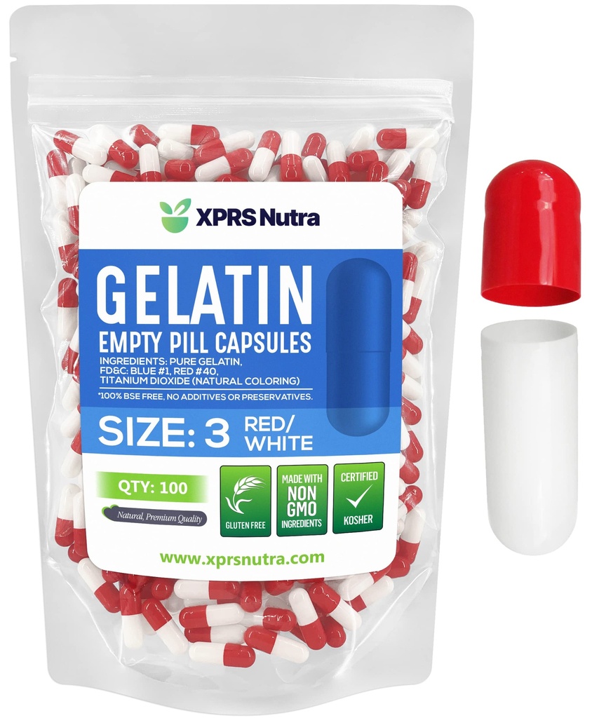 XPRS Nutra Taille 3 Capsules vides - 100 Compte Capsules de gélatine vides - Pills Bricolage Capsule Remplissage - Pure Pilule Gel Caps remplissables Do-It-Youlf Vitamines et suppléments (Rouge/Blanc)