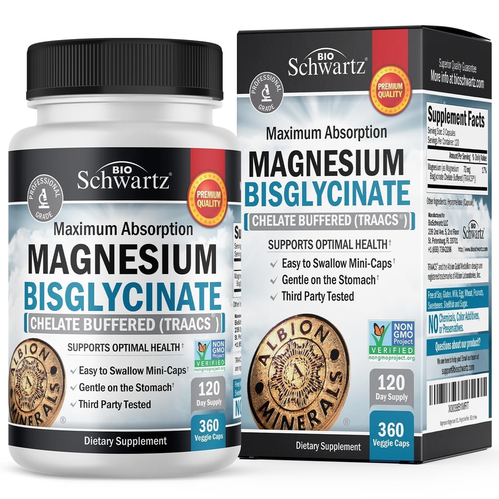 Magnesiumbisglycinaat chelated supplement - High Absorptie Magnesium Supplement for Muscle, Bone & Joint Support, Non-Laxative, Fully Buffered, Non-GMO, Maximale Biobeschikbaarheid - 360 Capsules