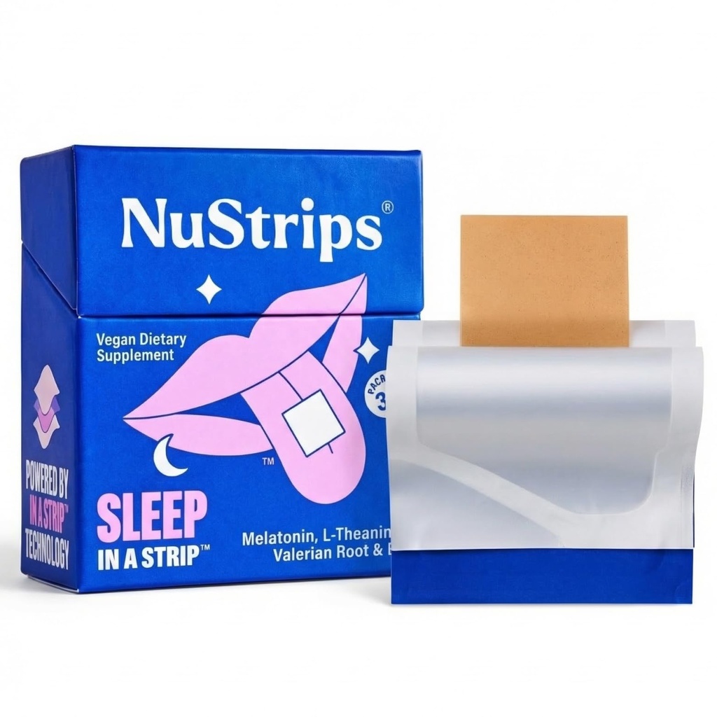 NuStrips™ Fast-Dissolving Sleep Strips with 5mg Melatonin, Valerian Root, L-Theanine & Vitamin B6 – Blueberry Flavor - Natural Sleep Aid, Vegan, Non-GMO, Gluten Free – Fall Asleep Fast (30 Strips)