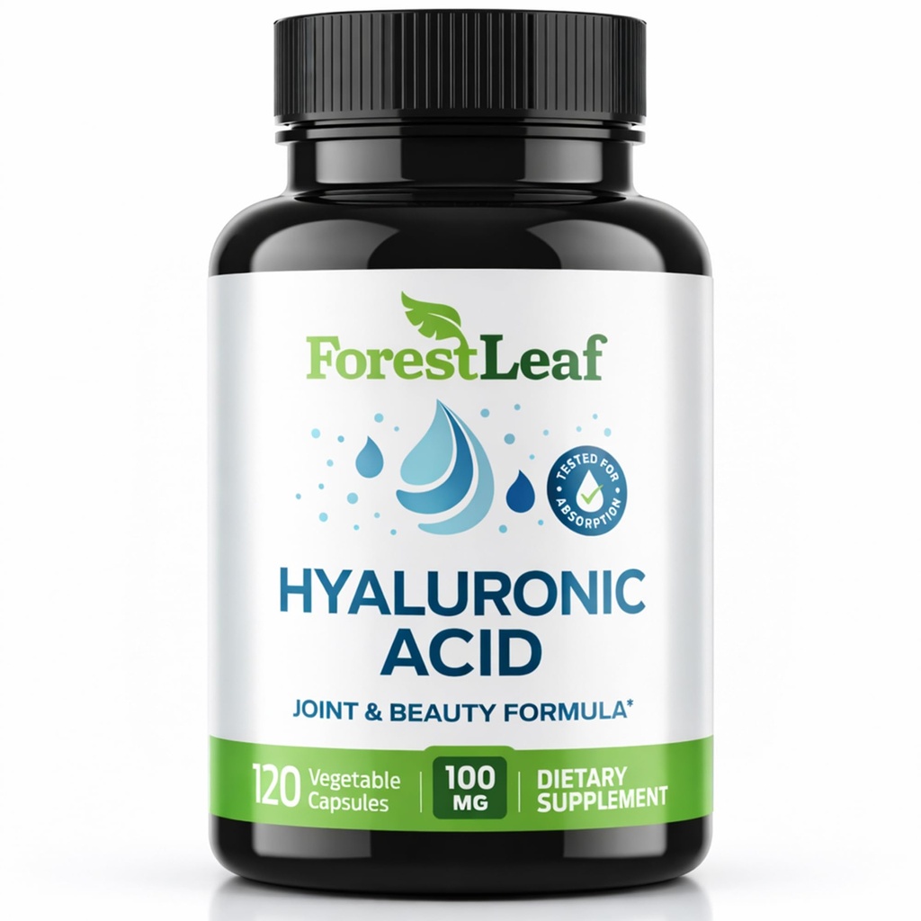 ForestLeaf Hyaluric Acid Supplements (suppléments d'acide hyaluronique) 100mg High Bioavailable Dietary Hyaluric Acid Powder Capsules + 50mg VIT C) soutient l'hydratation de la peau, la lubrification articulaire, l'anti-âge, les cheveux et les ongles.