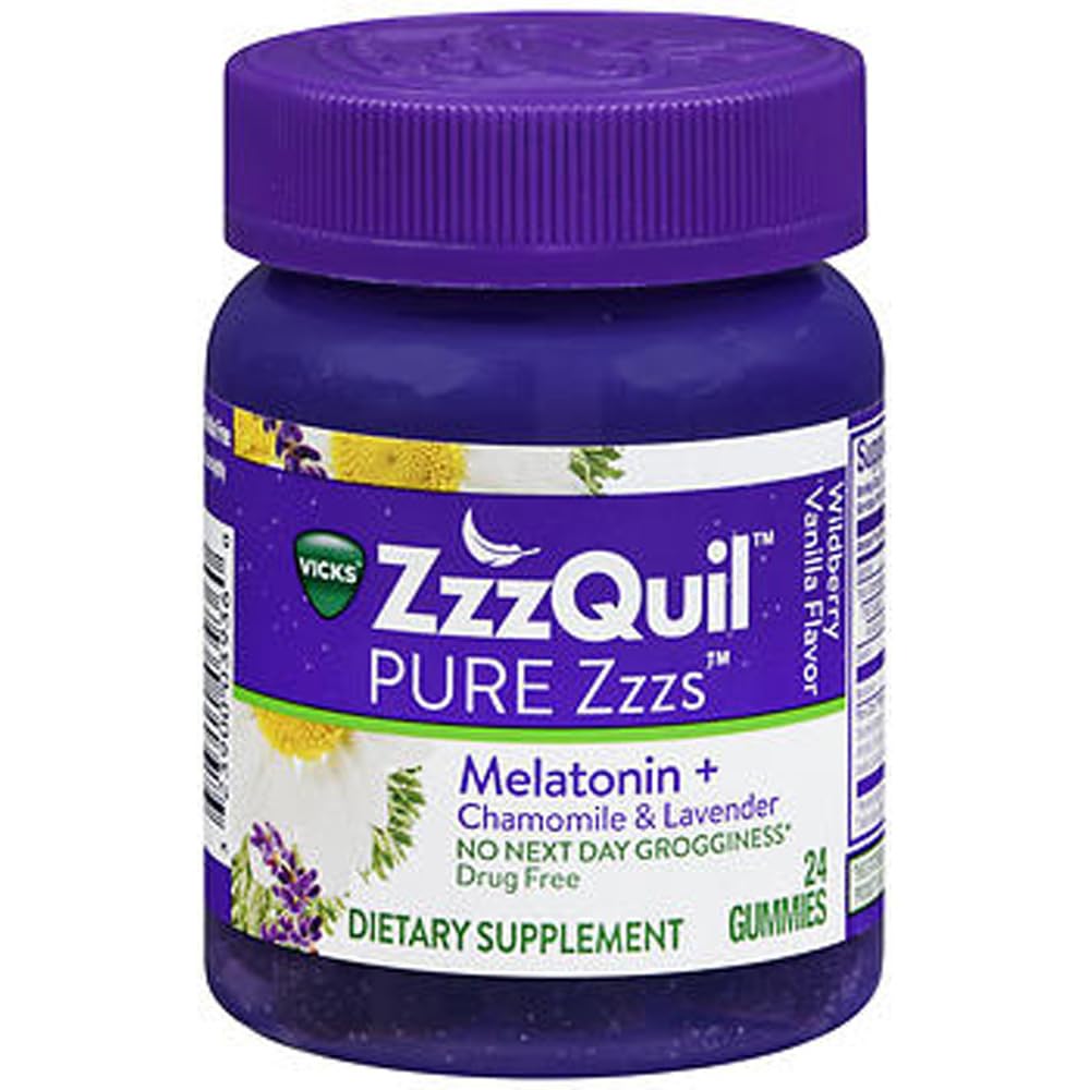 ZzzQuil Pure Zzzs Melatonine Gummies, Slaaphulp, Melatonine 2mg, met kamille & Lavendel, Melatonine Slaap Gummies, Slaapmiddelen voor volwassenen, Wildberry Vanilla Flavored, 24 Slaap Gummies