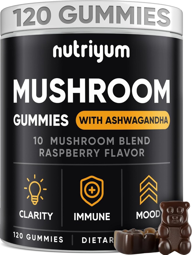Gummes de Champignons 10 Mélange 120 pièces - Lions Mane, Ashwagandha, Turkey Tail, Cordyceps, Chaga, Reishi Complexe de Champignons - Supplément de Champignons pour Immune, Énergie, Clarté & Cognitive