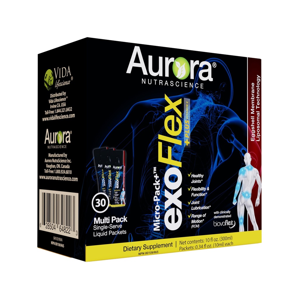 Aurora Nutrascience Micro-Pack Liposomale exoFlex+ met vitamine C, ondersteunt Joint Flexibiliteit & functie, BiovaFlex Eggshell Membrane, Curcumin & Boswellia, Strwaberry Flavor, 30 Single-Serve Packets