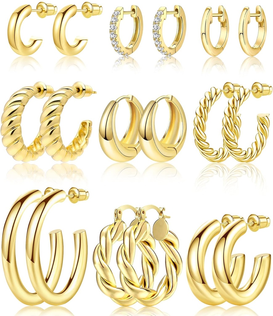 Adoyi 9 paires Boucles d'oreilles en boucles d'or pour femmes Boucles d'oreilles en boucles d'oreilles en boucles d'oreilles en boucles d'oreilles twiste 14K 18K plaqué or pour filles Valentines Fête des mères Cadeaux d'anniversaire Légèreté