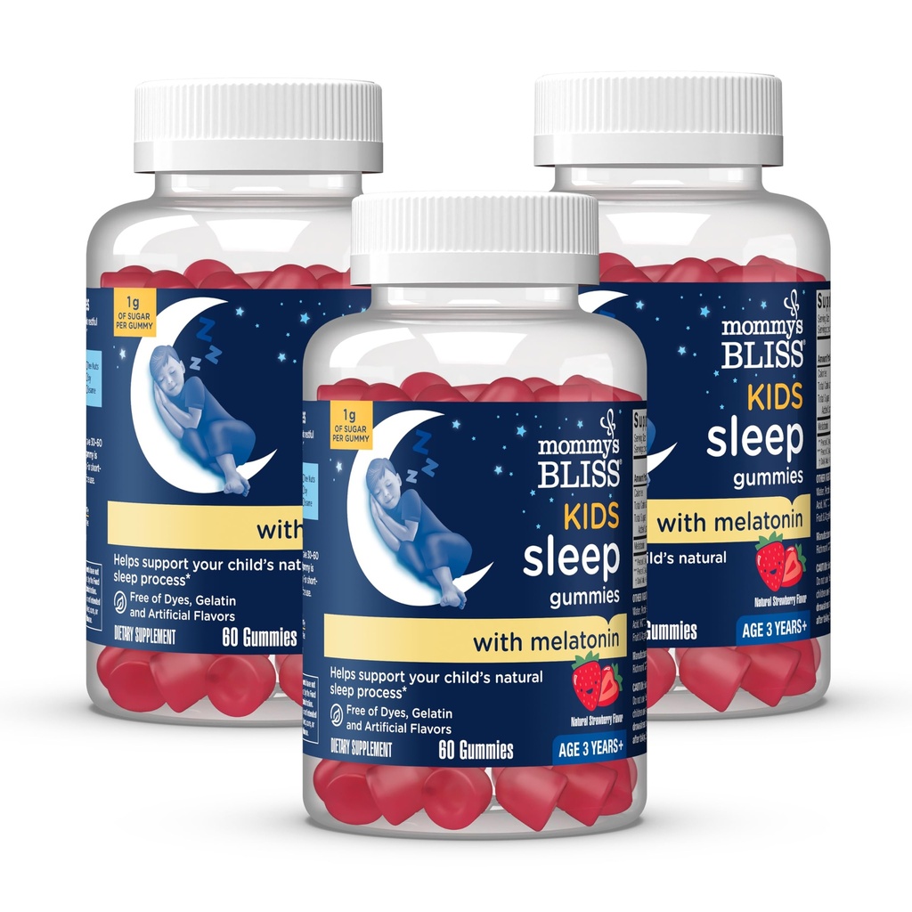 Mama's Bliss Kids Slaap Gummies met Melatonine, steun uw natuurlijke slaapproces, leeftijd 3 jaar tot volwassenen, aardbeien smaak, 1G van suiker, 60 Gummies (pakket van 3)