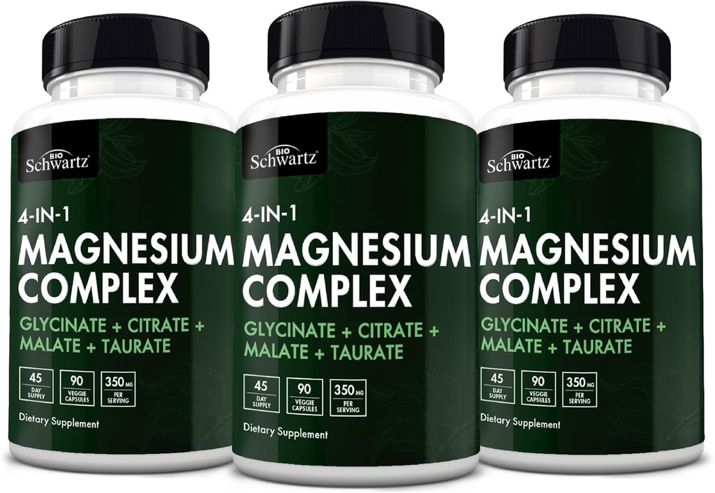 BioSchwartz Magnesium Complex Supplement (3 Pack) 350mg Magnesium Glycinate Citrate Malate en Taurate Per Serving for Healthy Nerves Muscles Heart Sleep Support (Vegan, Gluten-Free, Non-GMO)