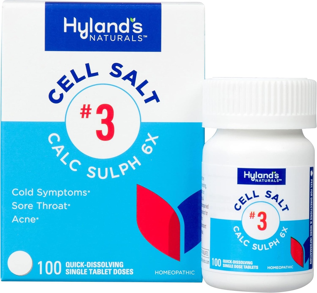 Hyland's Cell Salt No. 3 Calc Sulph 6X Tablets, Cold Relief, Natural Homeopathisch Relief of Colds, Sore Throat, Acne, Quick Dissolving Tablets, 100 Tellen