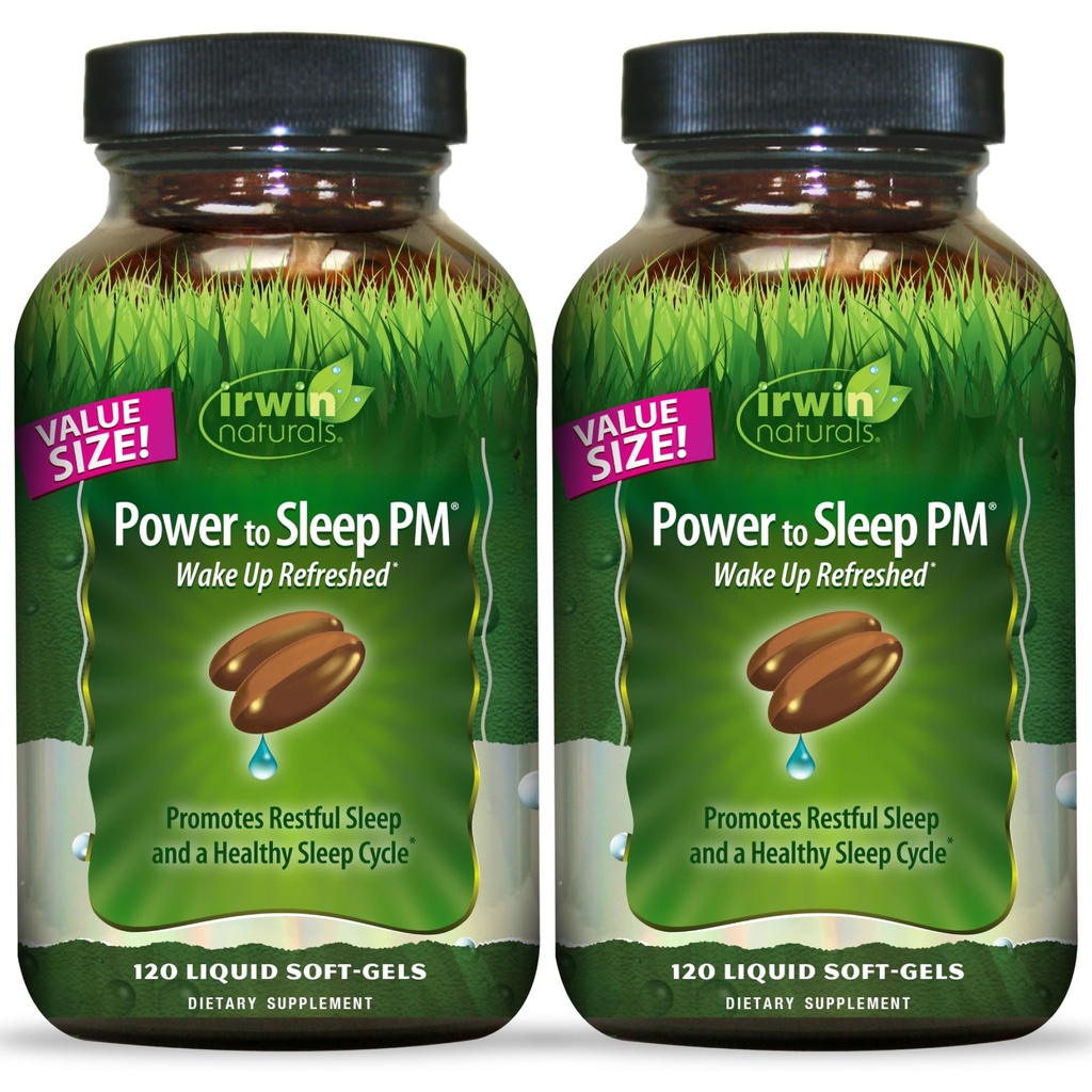 Irwin Naturals Power to Sleep PM - 120 Liquid Soft-Gels, Pack of 2 - with Melatonine, GABA, Ashwagandha, Valerian Root & L-Theanine - 120 Total Servings