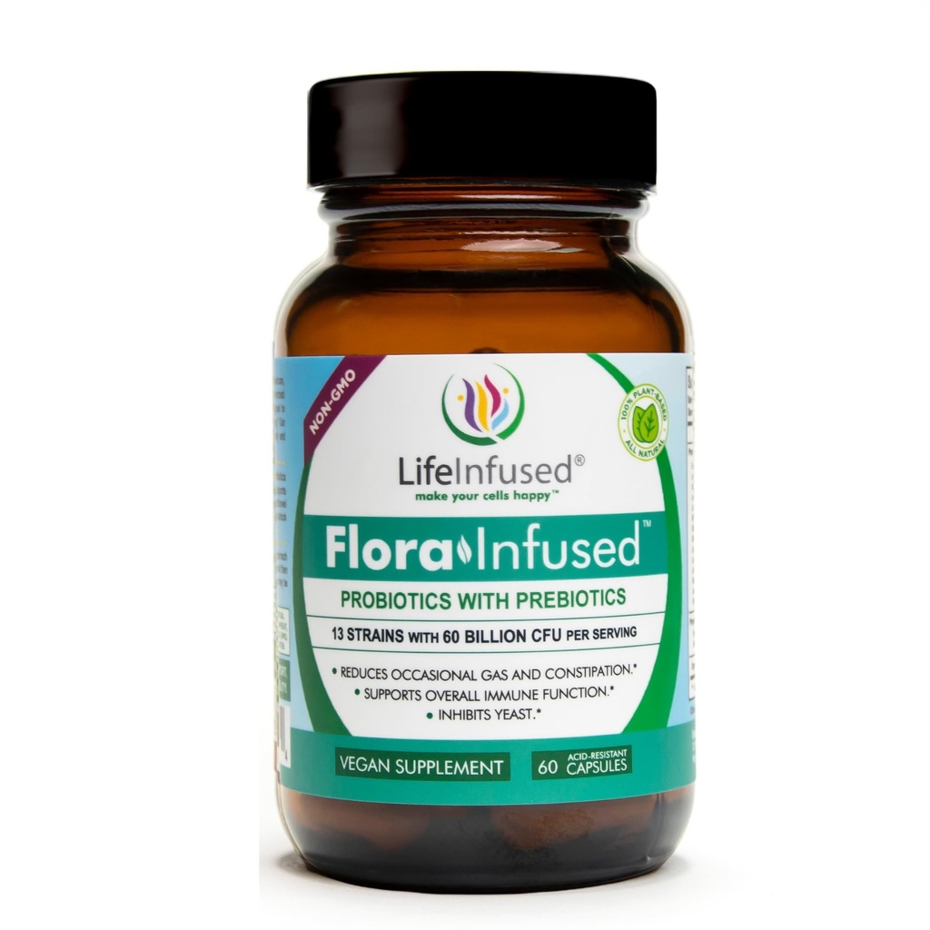 Life Infunded - Flora Infused Probiotics met Prebiotics 50 Miljard CFU, 13 stammen, een Gepatenteerde Enzyme Blend om Digestieve Gezondheid te bevorderen en Immuunfunctie te verbeteren. Veganistisch - 60 capsules